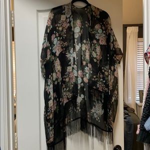 Very thin sheer black floral fringe kimono